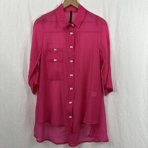 IC By Connie K Pink Sheer Button Artsy Lagenlook Tunic Top Womens Sz M USA